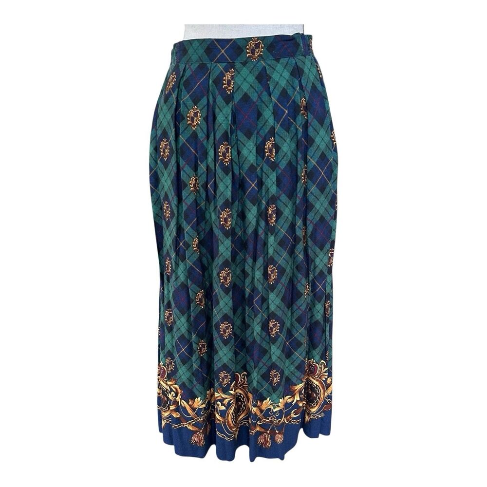 Vintage Jantzen Green Plaid Crest Rayon Skirt Size 8 Preppy Academia